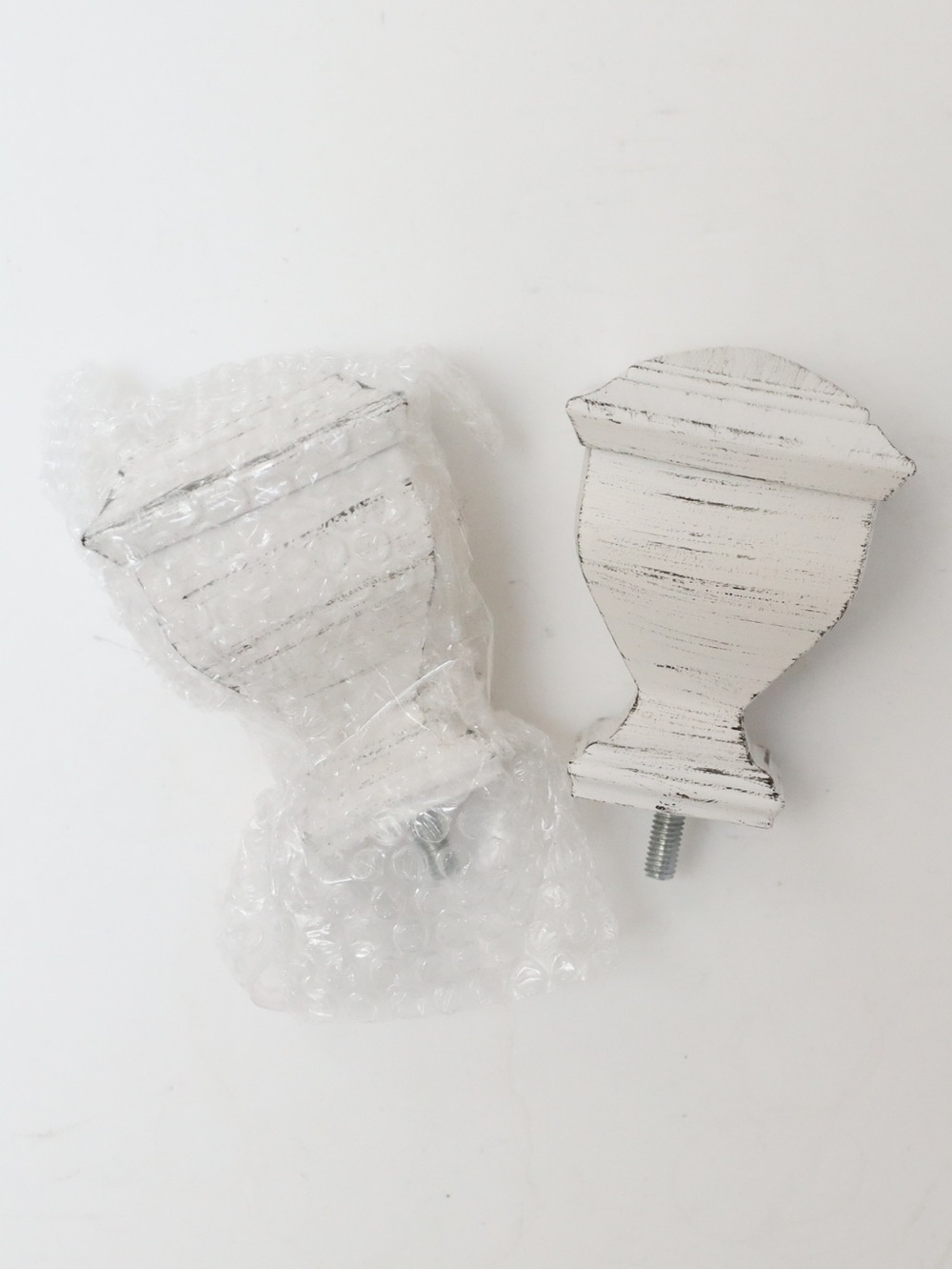 Set of 2 white shabby chic finials distressed painted wooden curtain rod accents